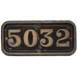 GWR brass cabside numberplate 5032 ex 4-6-0 Usk Castle (see previous lot for details). In as removed