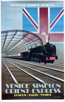 Poster VICTORIA STATION LONDON VENICE SIMPLON ORIENT EXPRESS by Fix Masseau. Double Royal 25in x