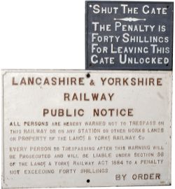 A pair of railway cast iron signs to include: Lancashire & Yorkshire Railway TRESPASS sign, 21.5in x