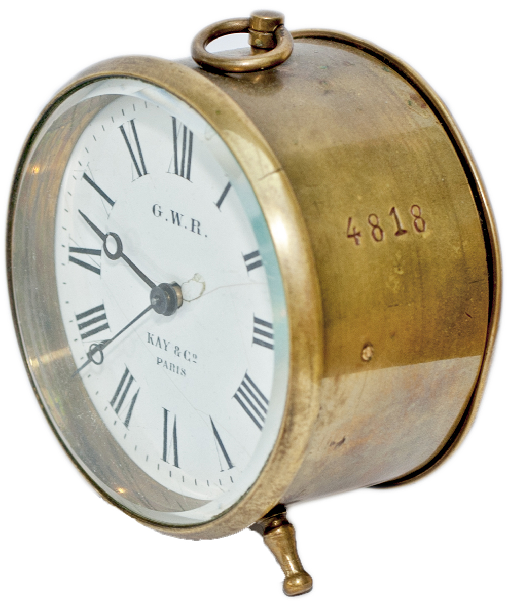 GWR brass drum railway clock with enamelled dial GWR KAY & CO PARIS. Case and rear stamped 4818