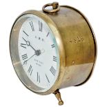 GWR brass drum railway clock with enamelled dial GWR KAY & CO PARIS. Case and rear stamped 4818