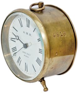 GWR brass drum railway clock with enamelled dial GWR KAY & CO PARIS. Case and rear stamped 4818