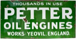 Advertising enamel sign PETTER OIL ENGINES THOUSANDS IN USE measuring 36in x 18in. In good