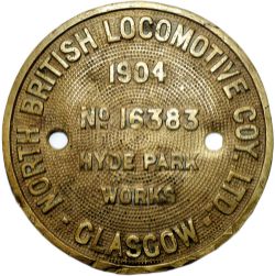 Worksplate NORTH BRITISH LOCOMOTIVE COY GLASGOW, HYDE PARK WORKS No16383 1904 ex South African