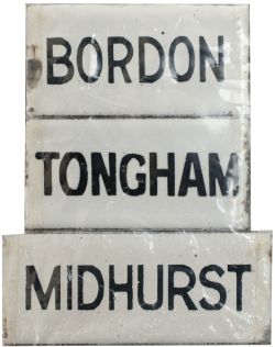 LSWR enamel destination plates; BORDON 2.5in x 1.25in, TONGHAM 2.5in x 1.25in, MIDHURST 3in x 1.