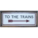 London Underground enamel sign in original Oak frame TO THE TRAINS, with Right pointing feathered