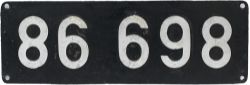 German Railway cabside numberplate 86-698 ex 2-8-2T. Steel with riveted aluminium numbers, in ex
