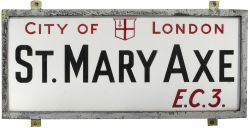 Motoring road street sign CITY OF LONDON ST MARY AXE EC3, china glass with original zinc plated