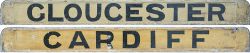 GWR/BR-W wooden carriage board GLOUCESTER - CARDIFF painted black on white and measuring 32in