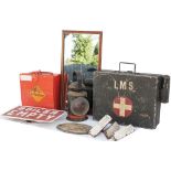 A miscellaneous lot consisting of; a pressed steel Boiler Empty sign, a detonator tin, LMS first aid