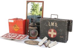 A miscellaneous lot consisting of; a pressed steel Boiler Empty sign, a detonator tin, LMS first aid