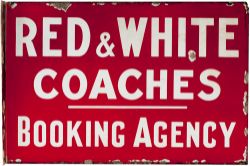 Bus motoring enamel sign RED & WHITE COACHES BOOKING AGENCY, double sided with wall mounting flange.