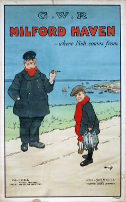 Poster GWR MILFORD HAVEN - WHERE FISH COMES FROM by John Hassall circa 1925. Double Royal 25in x