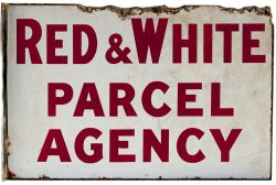 Bus motoring enamel sign RED & WHITE PARCEL AGENCY, double sided with wall mounting flange. Measures