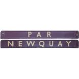 GWR/BR-W wooden carriage board NEWQUAY - PAR painted straw on maroon and measuring 32in long. In