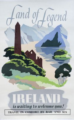 Poster IRELAND LAND OF LEGEND IS WAITING TO WELCOME YOU TRAVEL IN COMFORT BY RAIL AND SEA by Brandt.