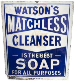 Advertising enamel sign WATSON'S MATCHLESS CLEANSER IS THE BEST SOAP FOR ALL PURPOSES. Measures 14in