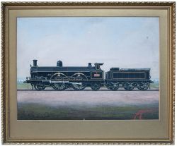 Original oil painting by F Moore of London & North Western Railway of 3 cylinder 2-2-2 No 3435 Queen