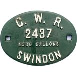 Great Western Railway cast iron tenderplate GWR 2437 4000 GALLONS. These were paired with Kings,