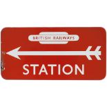 BR(NE) FF enamel direction sign STATION with British Railways in totem and left facing arrow.