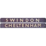 GWR/BR-W wooden carriage board CHELTENHAM - SWINDON painted straw on maroon and measuring 32in long.