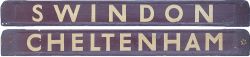 GWR/BR-W wooden carriage board CHELTENHAM - SWINDON painted straw on maroon and measuring 32in long.
