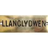 GWR hand engraved brass shelf plate LLANGLYDWEN. In very good condition measures 4.75in x 1.5in.