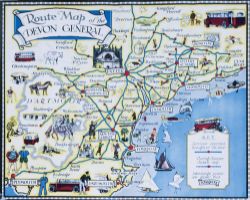 Poster ROUTE MAP of THE DEVON GENERAL measuring 17in x 14in. Shows a map of Devon with caricatures