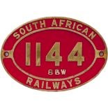 South African brass cabside numberplate SOUTH AFRICAN RAILWAYS 1144 8BW ex 4-8-0 built by North