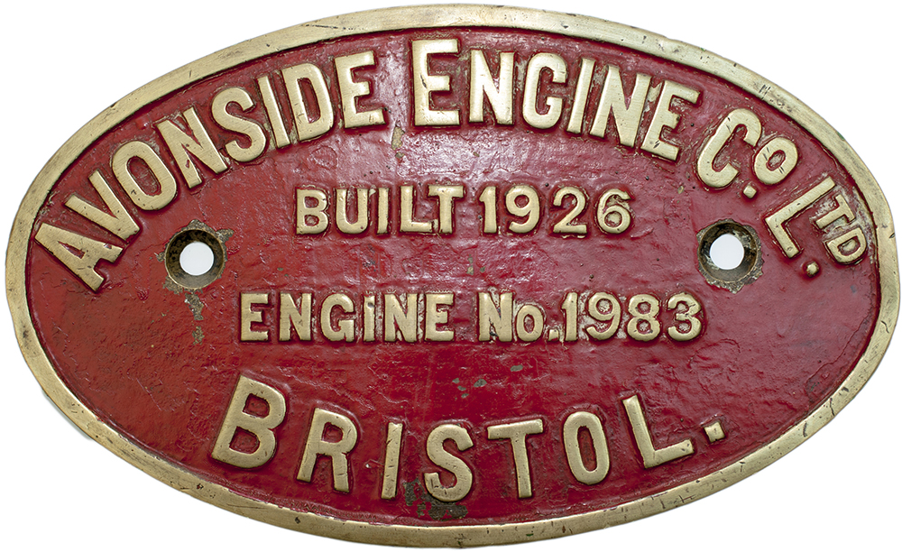 Worksplate AVONSIDE ENGINE CO LTD BRISTOL BUILT 1926 ENGINE NO 1983. Ex 0-4-0 T delivered new to