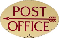 Advertising enamel sign POST OFFICE with feather arrow, double sided as fitted to the tops of post