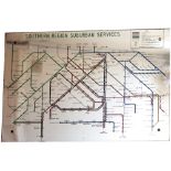 British Railways Southern Region Suburban Services Route Map mirror showing all the routes from