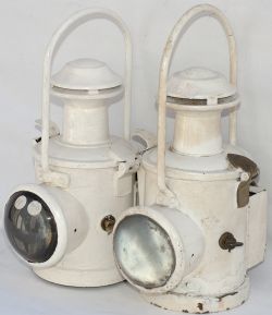 BR(E) locomotive lamps x2, both complete with reservoirs, burners and flip over red shades.