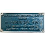 Diesel worksplate THE ENGLISH ELECTRIC COMPANY LTD LONDON No2715/D457 1959 THE VULCAN FOUNDARY LTD