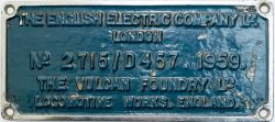Diesel worksplate THE ENGLISH ELECTRIC COMPANY LTD LONDON No2715/D457 1959 THE VULCAN FOUNDARY LTD