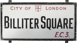 Motoring road street sign CITY OF LONDON BILLITER SQUARE EC3, china glass with original zinc