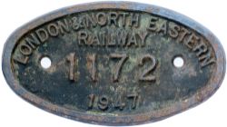 LNER 9x5 worksplate LONDON & NORTH EASTERN RAILWAY 1172 1947 ex Thompson B1 4-6-0 built by The