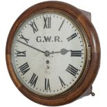 Rhymney Railway 12in oak cased English fusee railway clock. The case with convex surround, 2 side