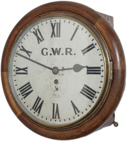 Rhymney Railway 12in oak cased English fusee railway clock. The case with convex surround, 2 side