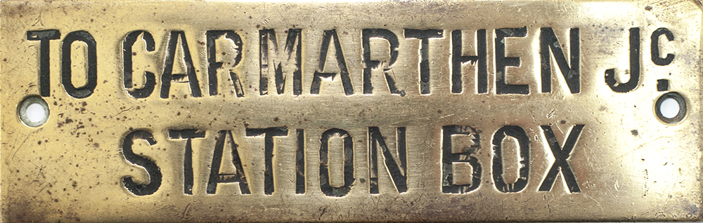 GWR hand engraved brass shelf plate TO CARMARTHEN JC STATION BOX. In very good condition measures