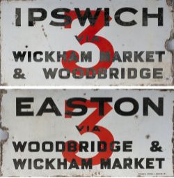 Bus motoring double sided enamel sign, one side EASTON VIA WOODBRIDGE & WICKAM MARKET, the other