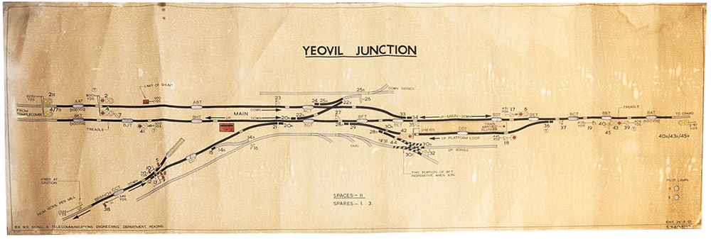 BR(W) signal box diagram YEOVIL JUNCTION. Full colour on linen with signal cut outs, dated 24/8/67