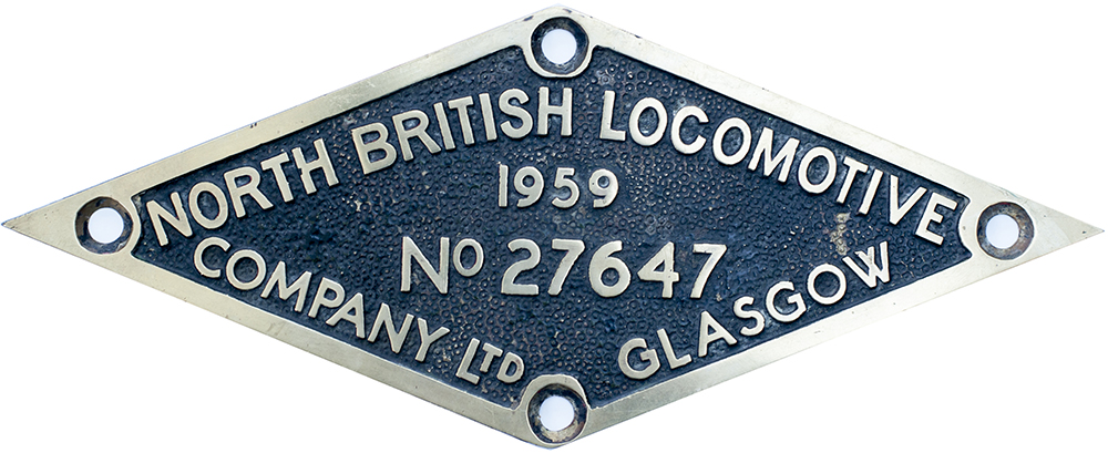 Diesel worksplate NORTH BRITISH LOCOMOTIVE COMPANY LTD GLASGOW No27647 1959 ex 0-4-0 diesel