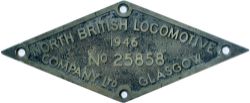 Worksplate NORTH BRITISH LOCOMOTIVE COMPANY LTD GLASGOW No25858 1946 ex Thompson B1 4-6-0 61105.