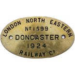 Worksplate LONDON NORTH EASTERN RAILWAY CO DONCASTER No1599 1924 ex J50 0-6-0T number 68939/ 3240/