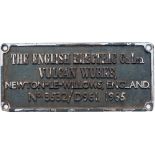 Diesel worksplate THE ENGLISH ELECTRIC CO LTD VULCAN WORKS NEWTON-LE-WILLOWS ENGLAND No 3532/D961.