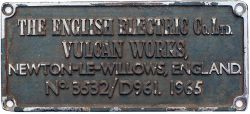 Diesel worksplate THE ENGLISH ELECTRIC CO LTD VULCAN WORKS NEWTON-LE-WILLOWS ENGLAND No 3532/D961.