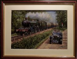 Original oil painting RACING THE TRAIN by Robert Nixon GRA. Depicts a GWR 2-6-0 Mogul racing a
