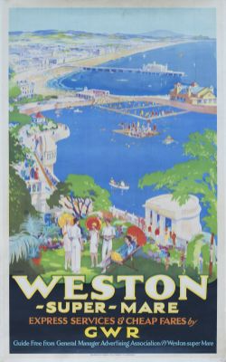 Poster GWR WESTON-SUPER-MARE EXPRESS SERVICES & CHEAP FARES BY GWR by T.C. Birch. Double Royal