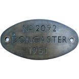 Worksplate No2092 DONCASTER 1951 ex Ivatt 4MT 2-6-0 No43147. Allocated new to the M&GN lines at